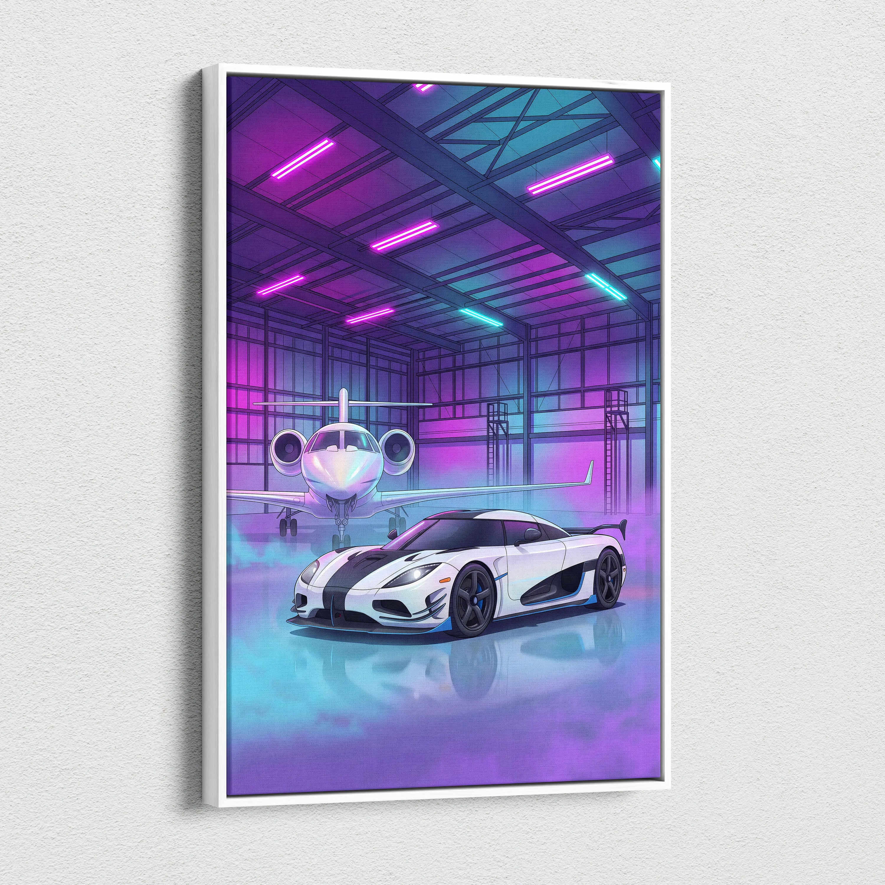 Koenigsegg Agera RS Inspired White Purple Canvas Wall Art, Vaporwave Hypercar Artwork, Neon Jet Hangar Decor, Retro Futuristic Exotic Car Print