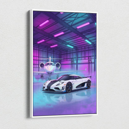 Koenigsegg Agera RS Inspired White Purple Canvas Wall Art, Vaporwave Hypercar Artwork, Neon Jet Hangar Decor, Retro Futuristic Exotic Car Print