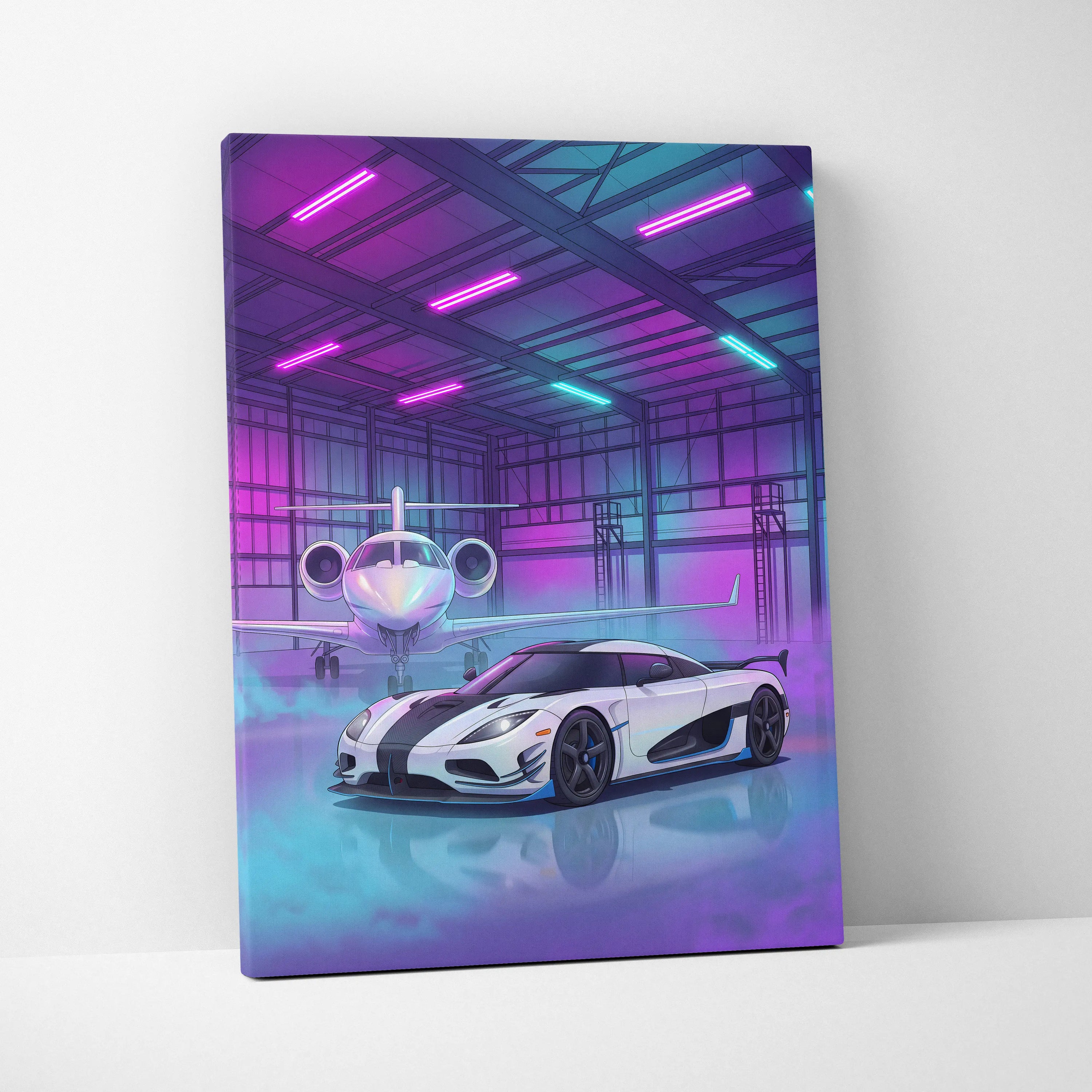 Koenigsegg Agera RS Inspired White Purple Canvas Wall Art, Vaporwave Hypercar Artwork, Neon Jet Hangar Decor, Retro Futuristic Exotic Car Print