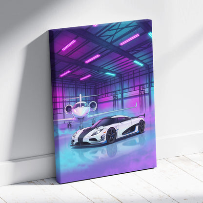 Koenigsegg Agera RS Inspired White Purple Canvas Wall Art, Vaporwave Hypercar Artwork, Neon Jet Hangar Decor, Retro Futuristic Exotic Car Print