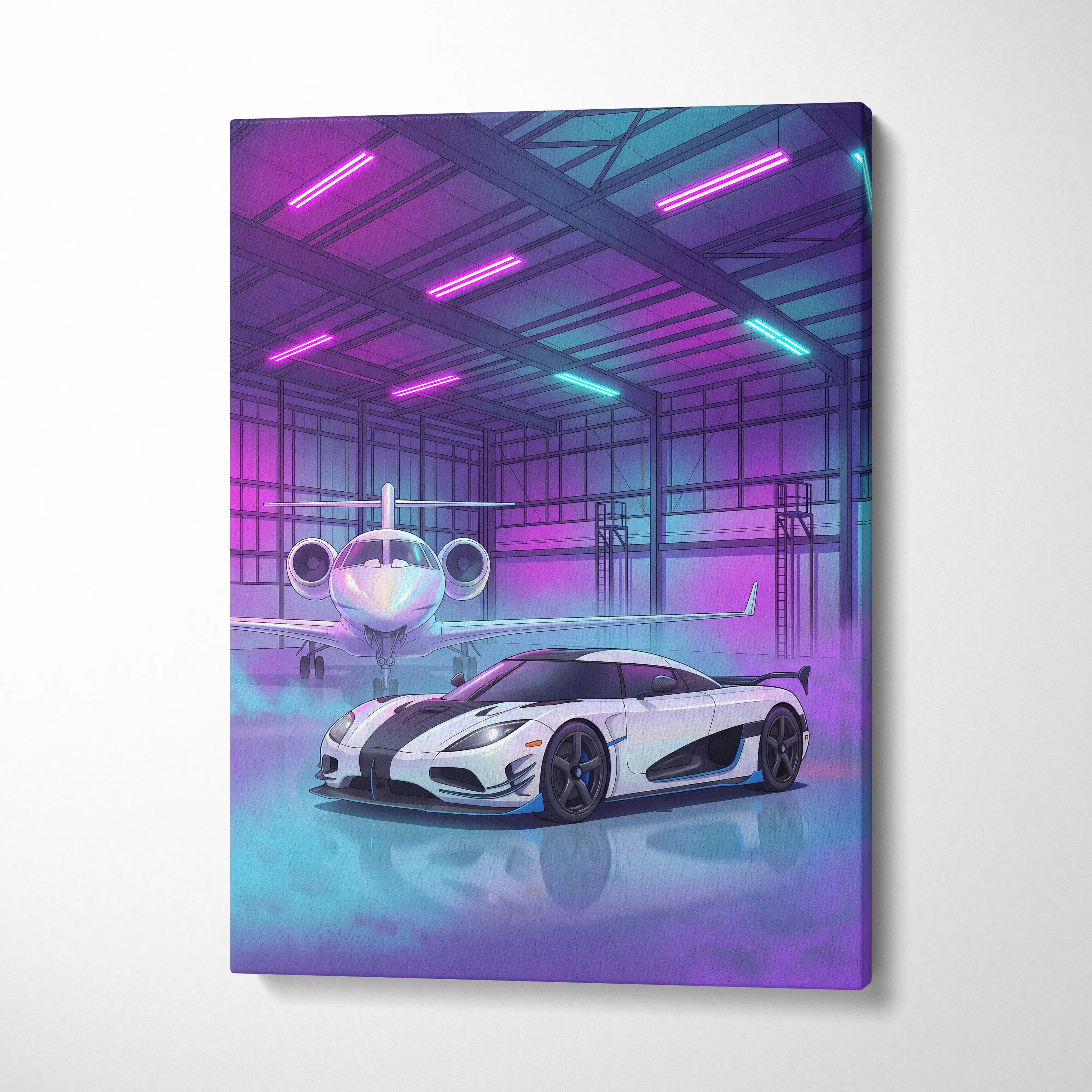 Koenigsegg Agera RS Inspired White Purple Canvas Wall Art, Vaporwave Hypercar Artwork, Neon Jet Hangar Decor, Retro Futuristic Exotic Car Print