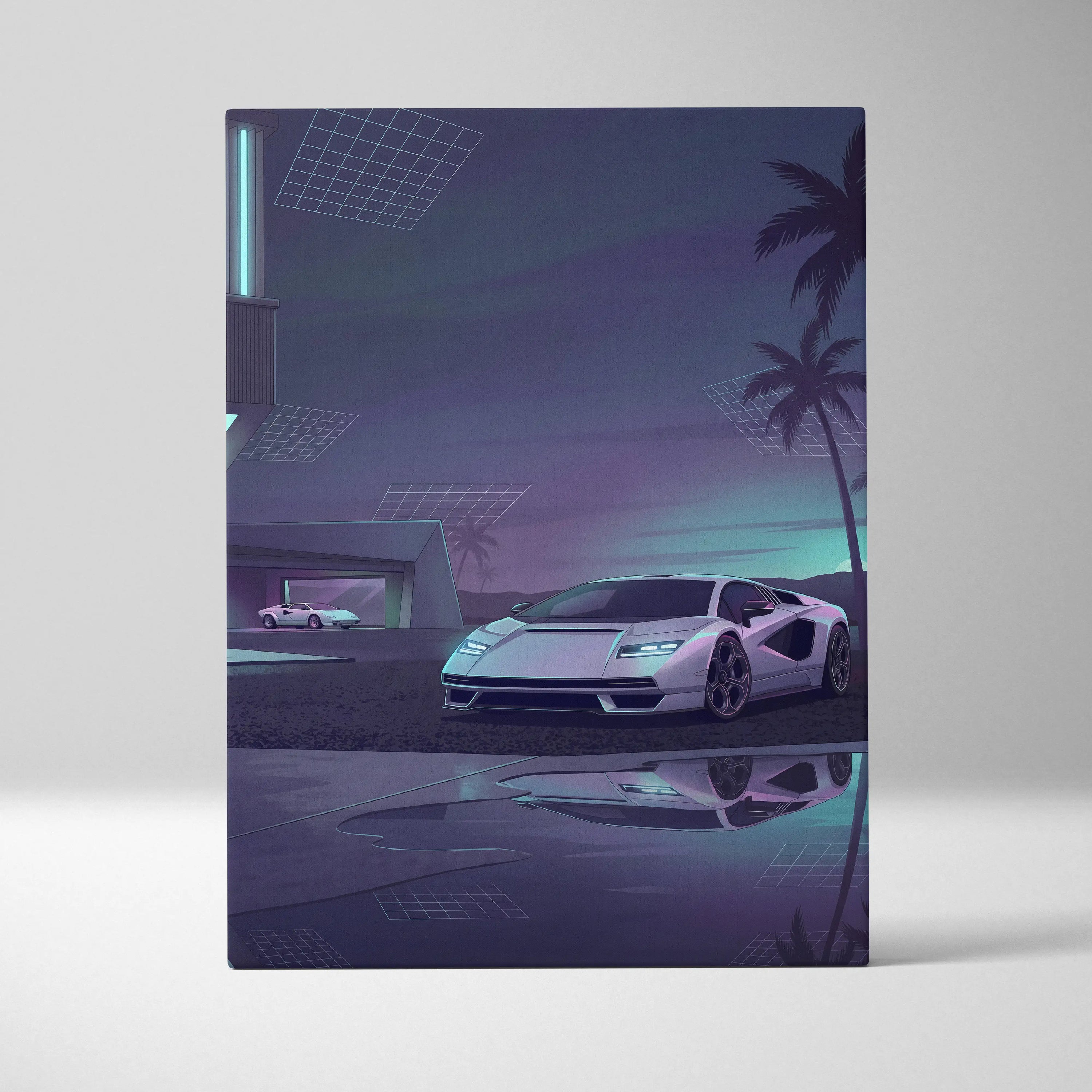 Lamborghini Countach Inspired White Purple Canvas Wall Art, Vaporwave Supercar Artwork, Neon Palm Garage Decor, Retro Futuristic Exotic Print