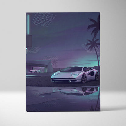 Lamborghini Countach Inspired White Purple Canvas Wall Art, Vaporwave Supercar Artwork, Neon Palm Garage Decor, Retro Futuristic Exotic Print