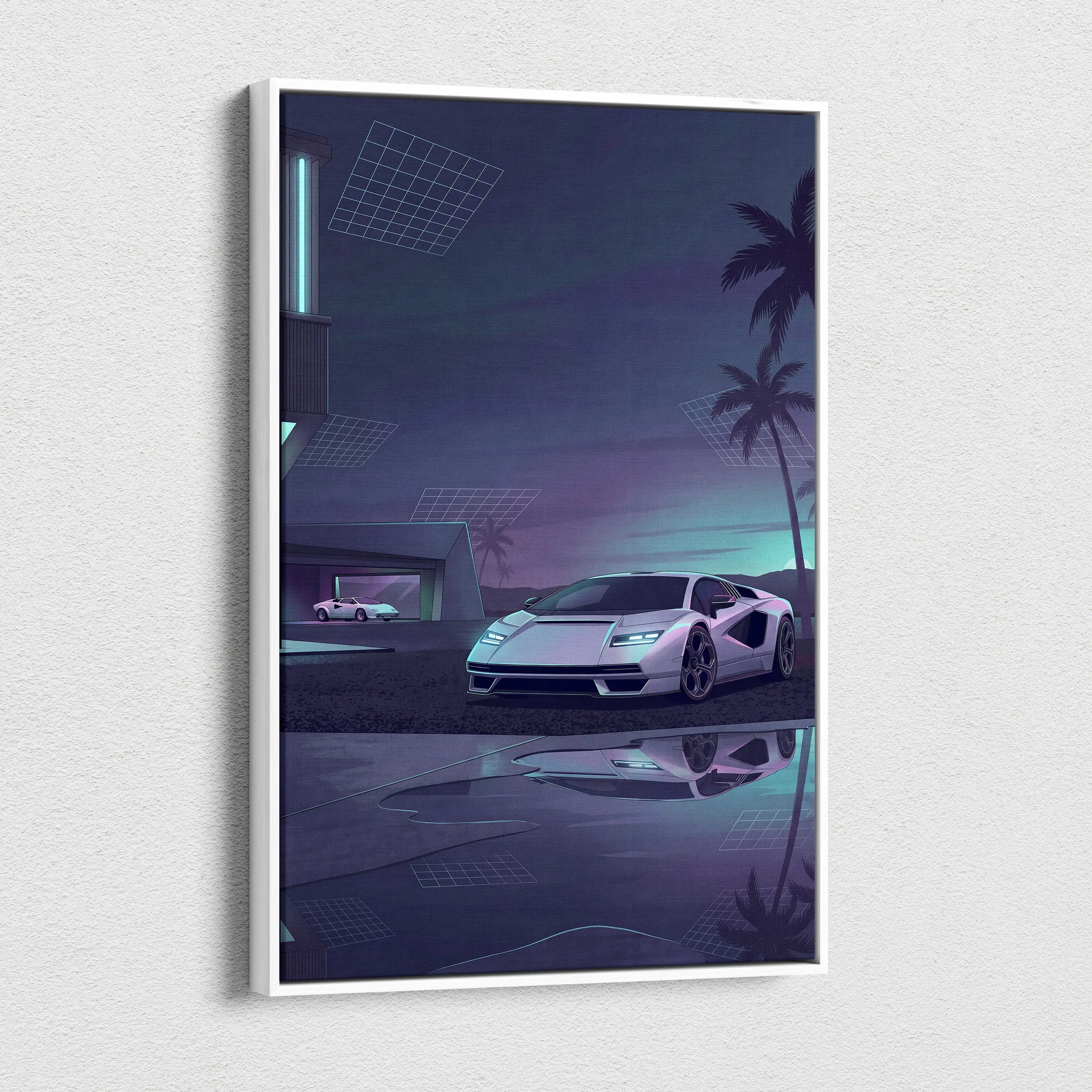 Lamborghini Countach Inspired White Purple Canvas Wall Art, Vaporwave Supercar Artwork, Neon Palm Garage Decor, Retro Futuristic Exotic Print