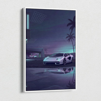 Lamborghini Countach Inspired White Purple Canvas Wall Art, Vaporwave Supercar Artwork, Neon Palm Garage Decor, Retro Futuristic Exotic Print