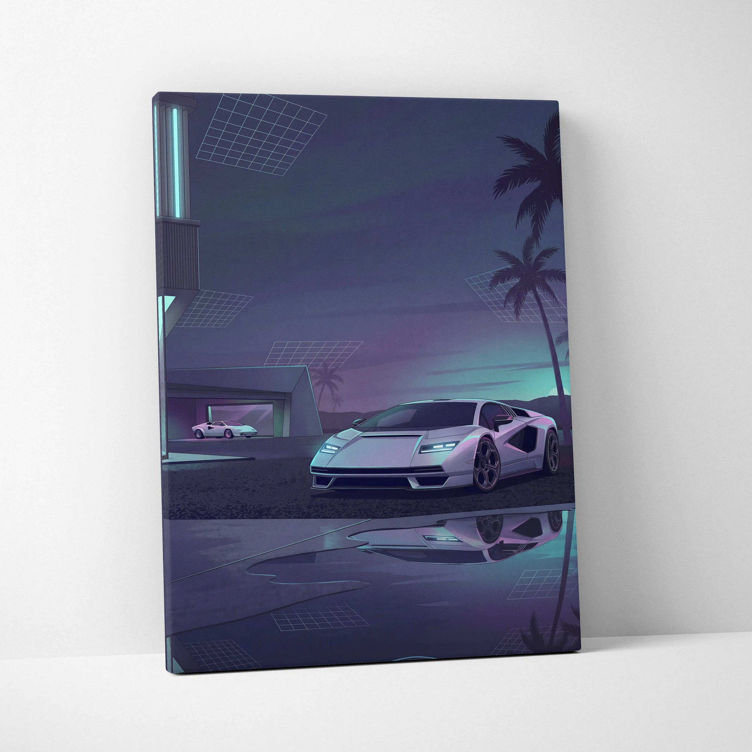 Lamborghini Countach Inspired White Purple Canvas Wall Art, Vaporwave Supercar Artwork, Neon Palm Garage Decor, Retro Futuristic Exotic Print