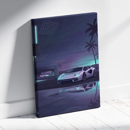 Lamborghini Countach Inspired White Purple Canvas Wall Art, Vaporwave Supercar Artwork, Neon Palm Garage Decor, Retro Futuristic Exotic Print