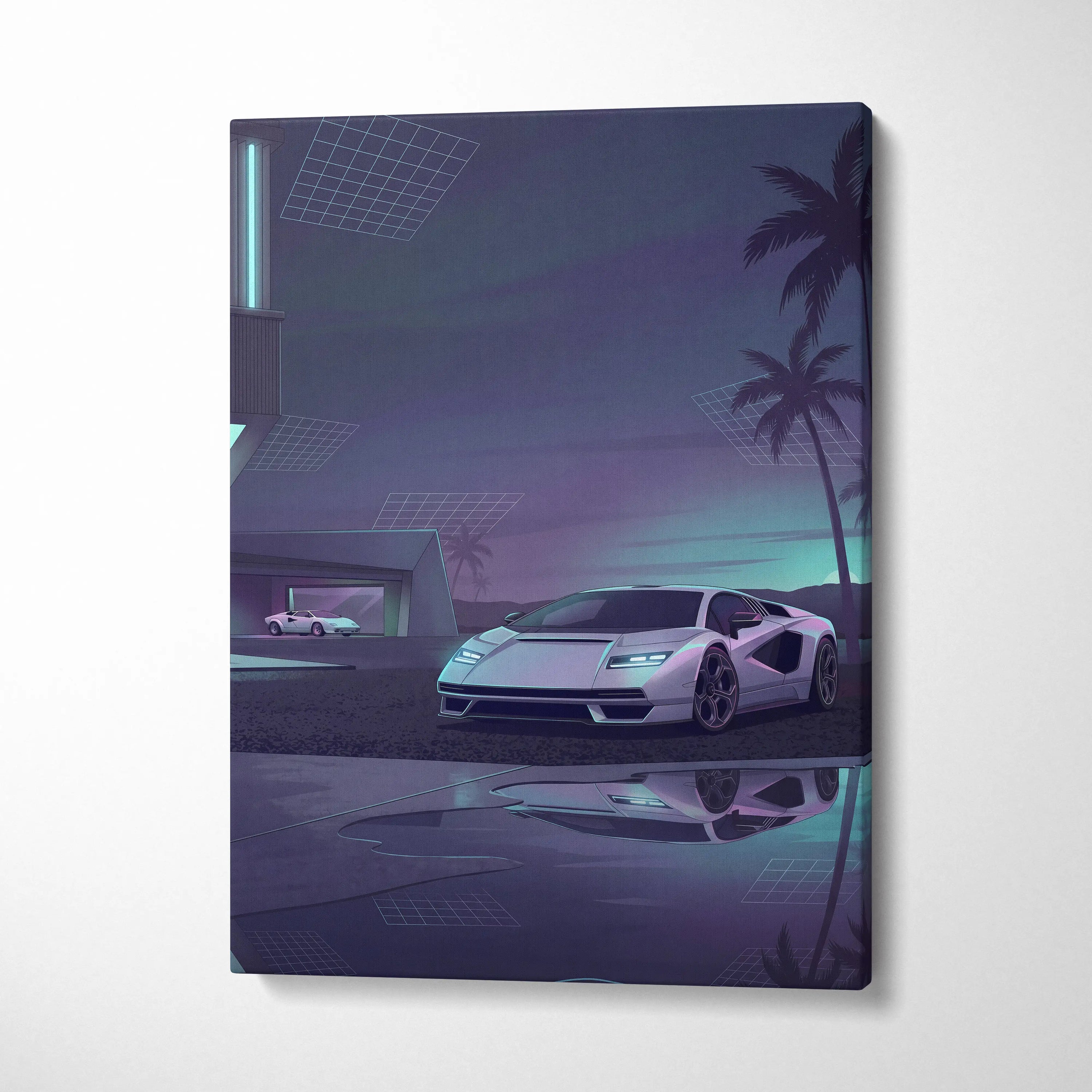 Lamborghini Countach Inspired White Purple Canvas Wall Art, Vaporwave Supercar Artwork, Neon Palm Garage Decor, Retro Futuristic Exotic Print