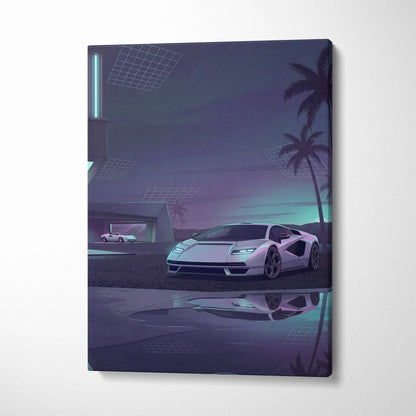 Lamborghini Countach Inspired White Purple Canvas Wall Art, Vaporwave Supercar Artwork, Neon Palm Garage Decor, Retro Futuristic Exotic Print