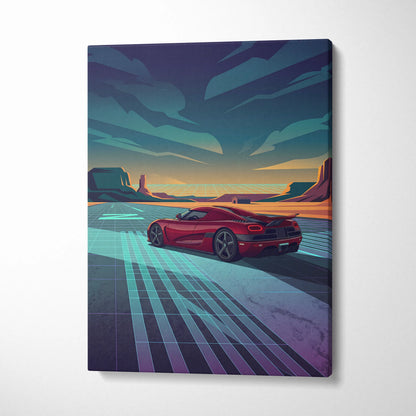 Koenigsegg Agera RS Inspired Red Teal Canvas Wall Art, Vaporwave Hypercar Artwork, Neon Desert Garage Decor, Retro Futuristic Exotic Car Print