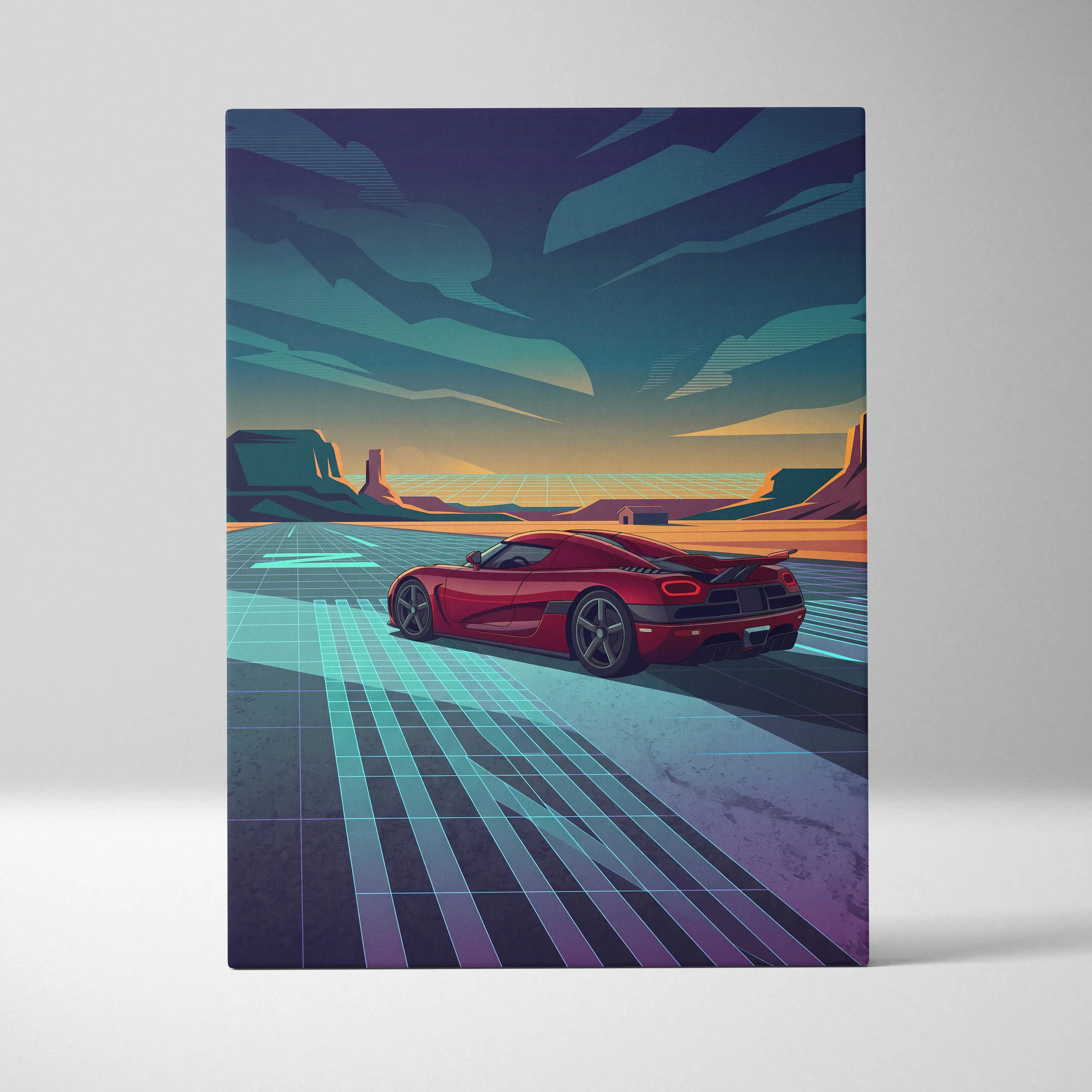 Koenigsegg Agera RS Inspired Red Teal Canvas Wall Art, Vaporwave Hypercar Artwork, Neon Desert Garage Decor, Retro Futuristic Exotic Car Print