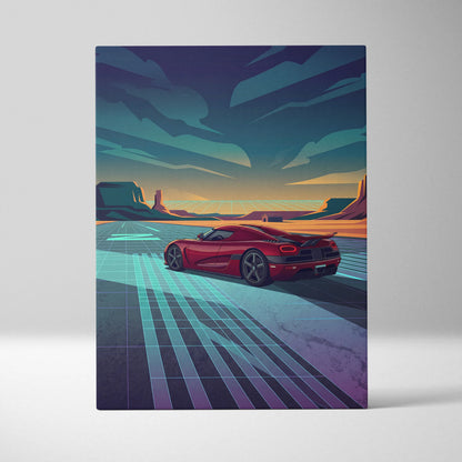 Koenigsegg Agera RS Inspired Red Teal Canvas Wall Art, Vaporwave Hypercar Artwork, Neon Desert Garage Decor, Retro Futuristic Exotic Car Print