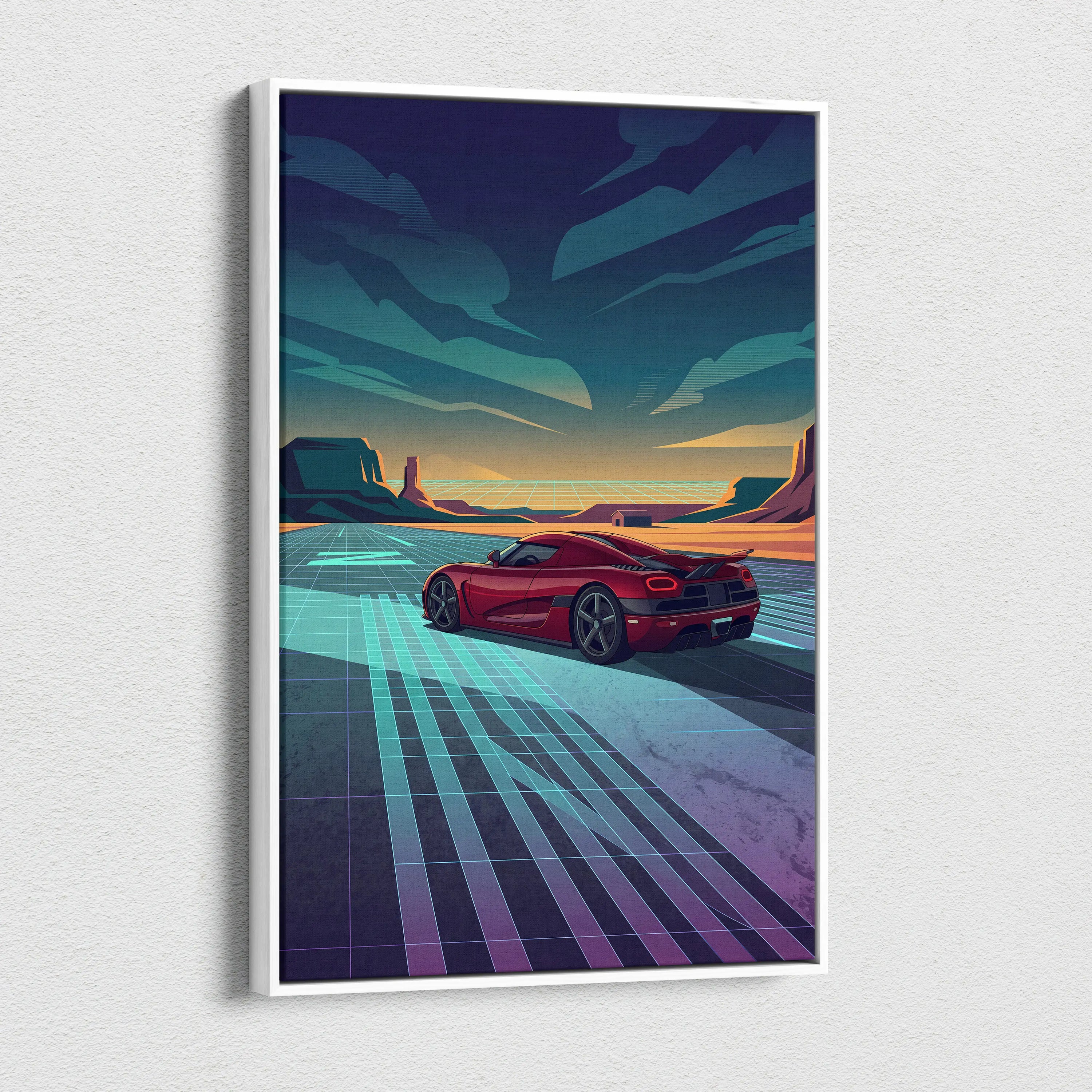 Koenigsegg Agera RS Inspired Red Teal Canvas Wall Art, Vaporwave Hypercar Artwork, Neon Desert Garage Decor, Retro Futuristic Exotic Car Print