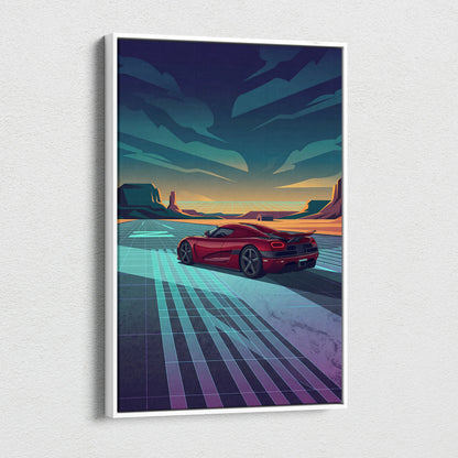 Koenigsegg Agera RS Inspired Red Teal Canvas Wall Art, Vaporwave Hypercar Artwork, Neon Desert Garage Decor, Retro Futuristic Exotic Car Print