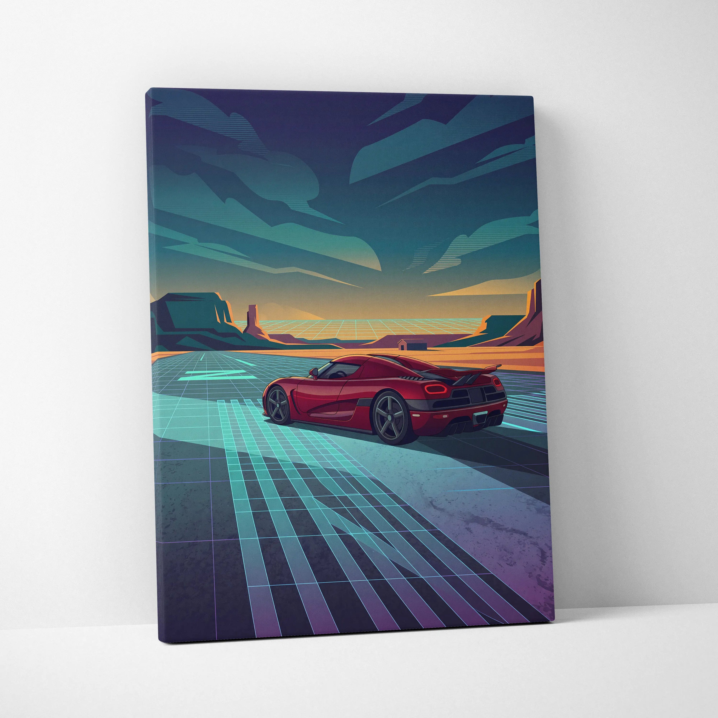 Koenigsegg Agera RS Inspired Red Teal Canvas Wall Art, Vaporwave Hypercar Artwork, Neon Desert Garage Decor, Retro Futuristic Exotic Car Print