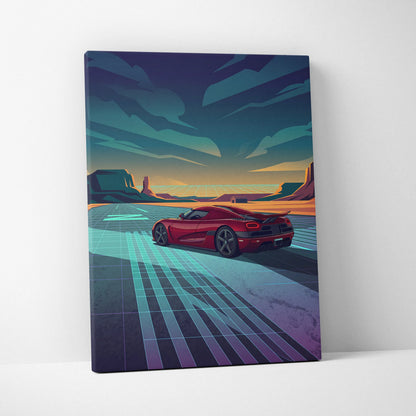 Koenigsegg Agera RS Inspired Red Teal Canvas Wall Art, Vaporwave Hypercar Artwork, Neon Desert Garage Decor, Retro Futuristic Exotic Car Print