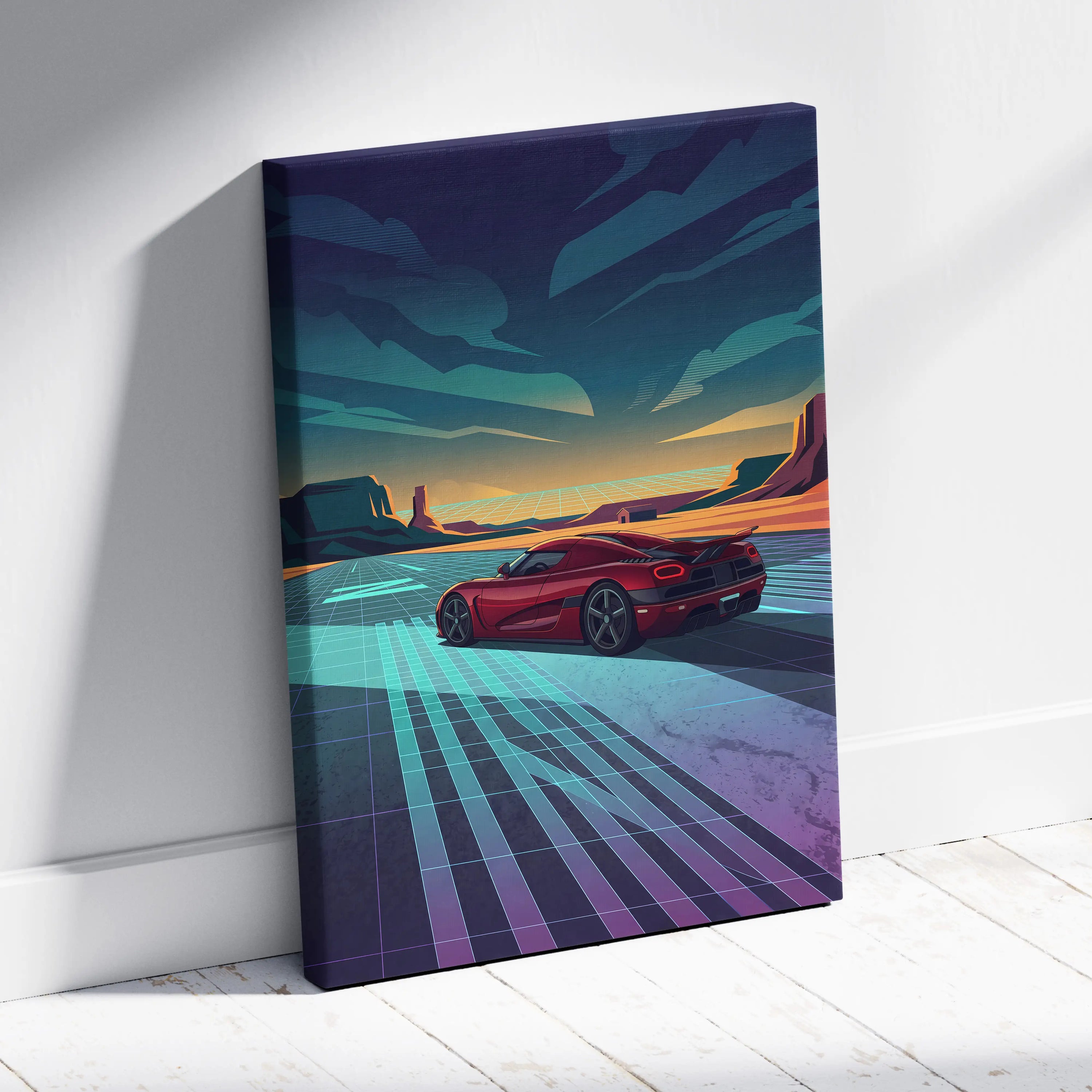 Koenigsegg Agera RS Inspired Red Teal Canvas Wall Art, Vaporwave Hypercar Artwork, Neon Desert Garage Decor, Retro Futuristic Exotic Car Print