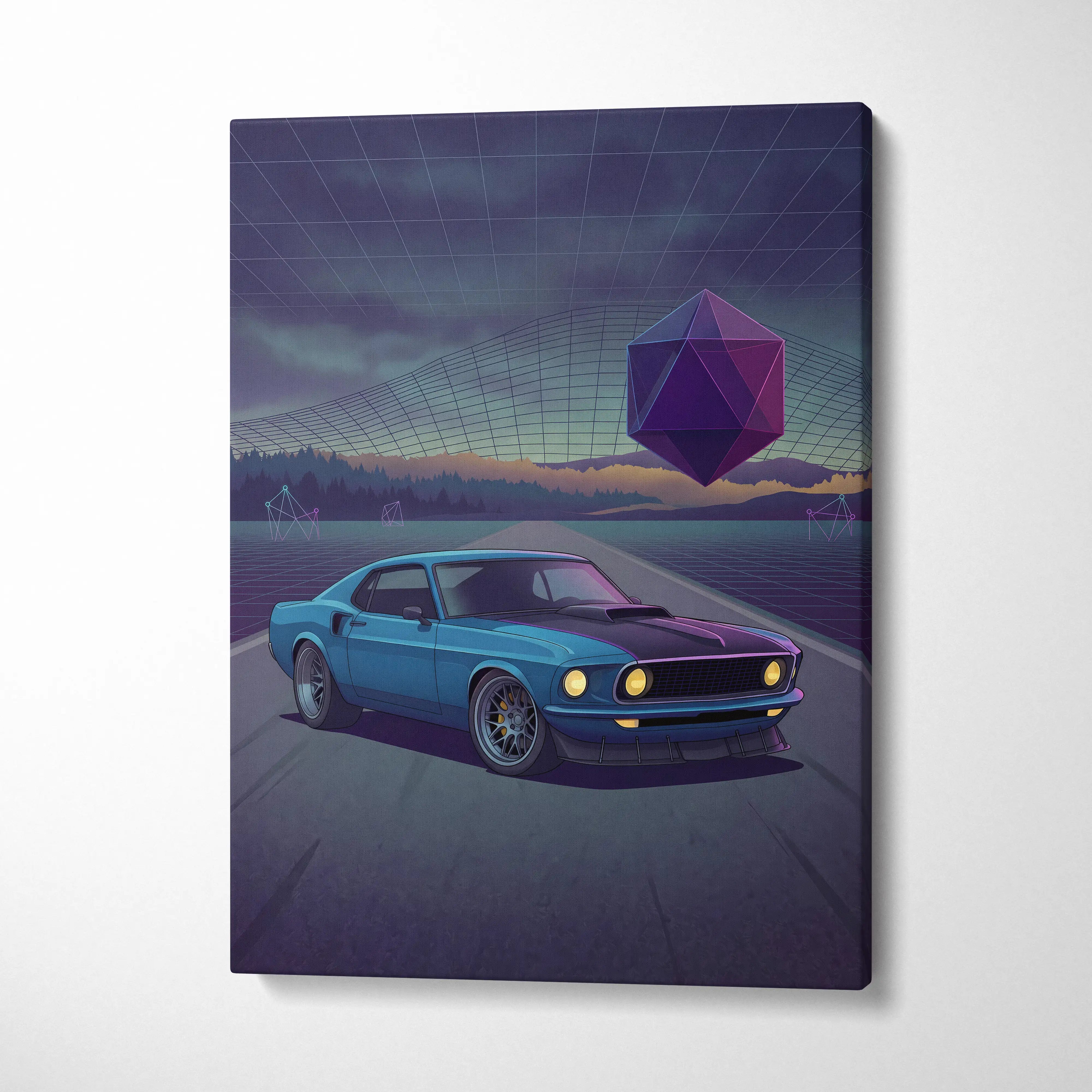 Ford Mustang Mach 1 Inspired Blue Purple Canvas Wall Art, Vaporwave Muscle Car Artwork, Neon Grid Garage Decor, Retro Futuristic Classic Print