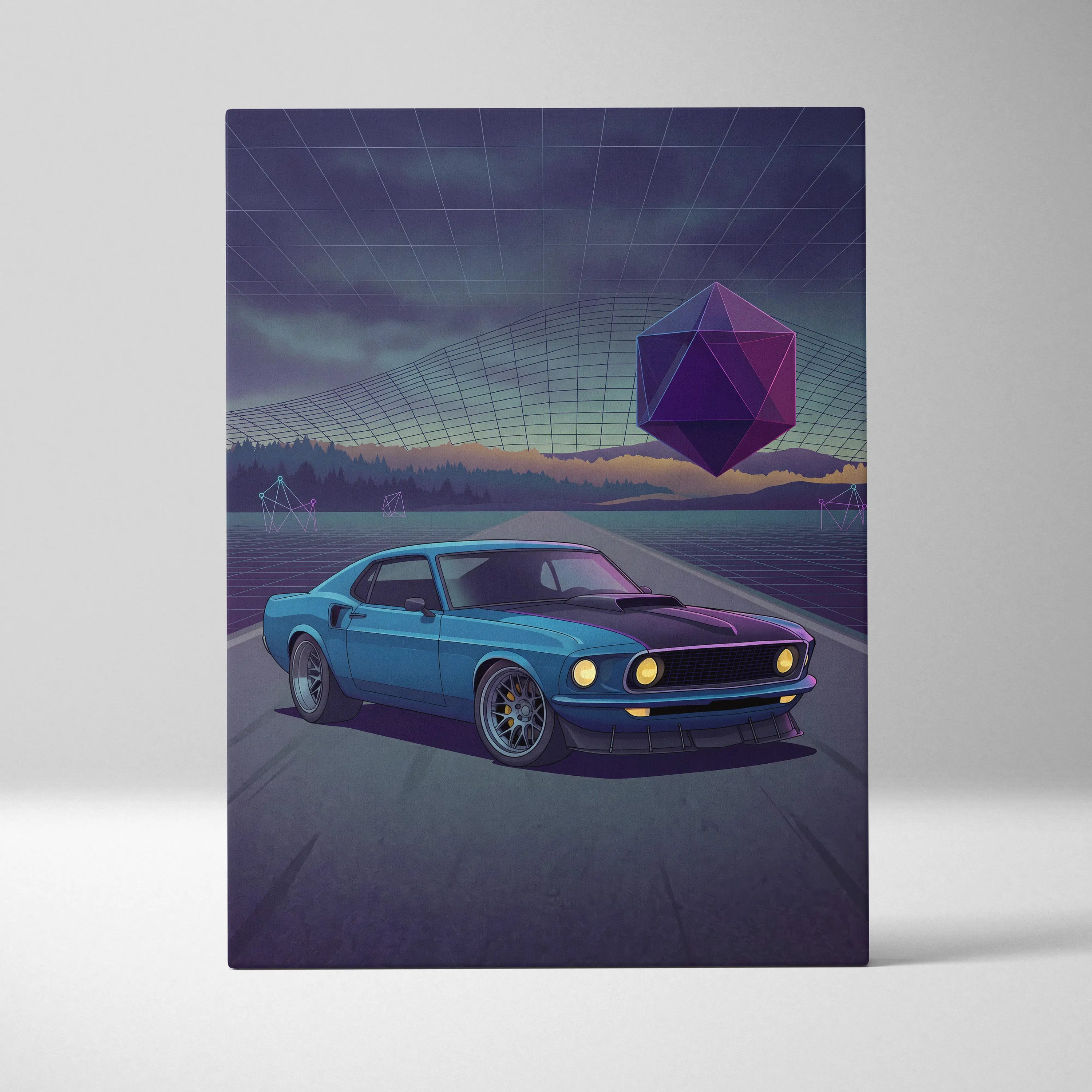 Ford Mustang Mach 1 Inspired Blue Purple Canvas Wall Art, Vaporwave Muscle Car Artwork, Neon Grid Garage Decor, Retro Futuristic Classic Print