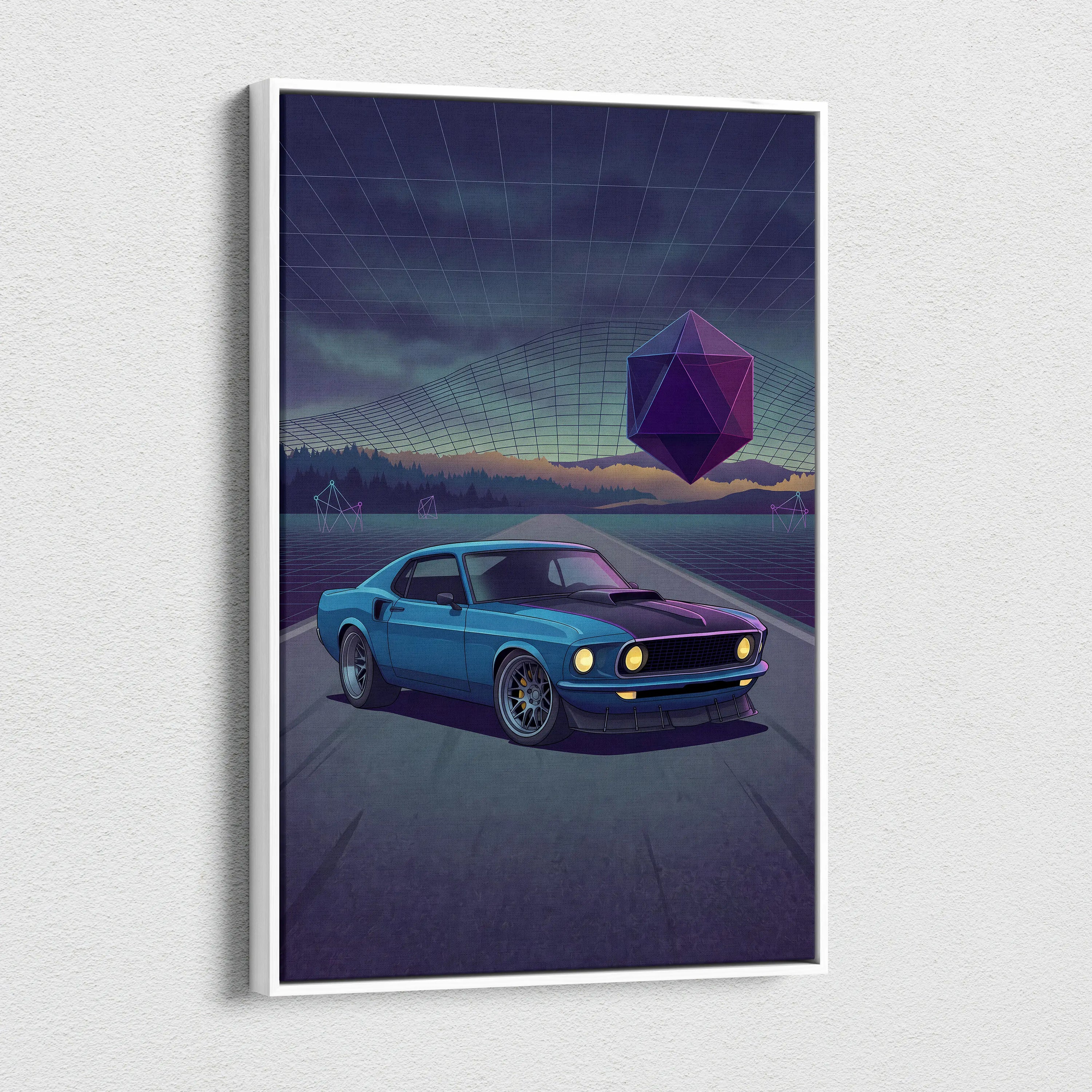 Ford Mustang Mach 1 Inspired Blue Purple Canvas Wall Art, Vaporwave Muscle Car Artwork, Neon Grid Garage Decor, Retro Futuristic Classic Print