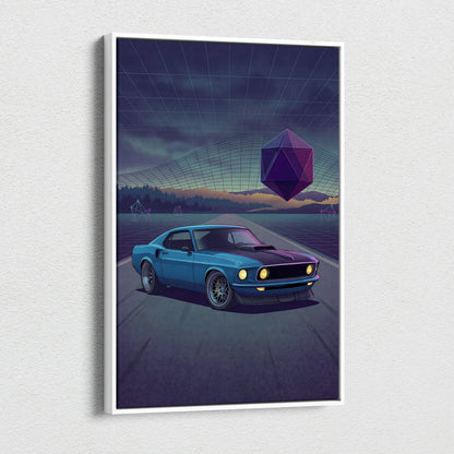 Ford Mustang Mach 1 Inspired Blue Purple Canvas Wall Art, Vaporwave Muscle Car Artwork, Neon Grid Garage Decor, Retro Futuristic Classic Print