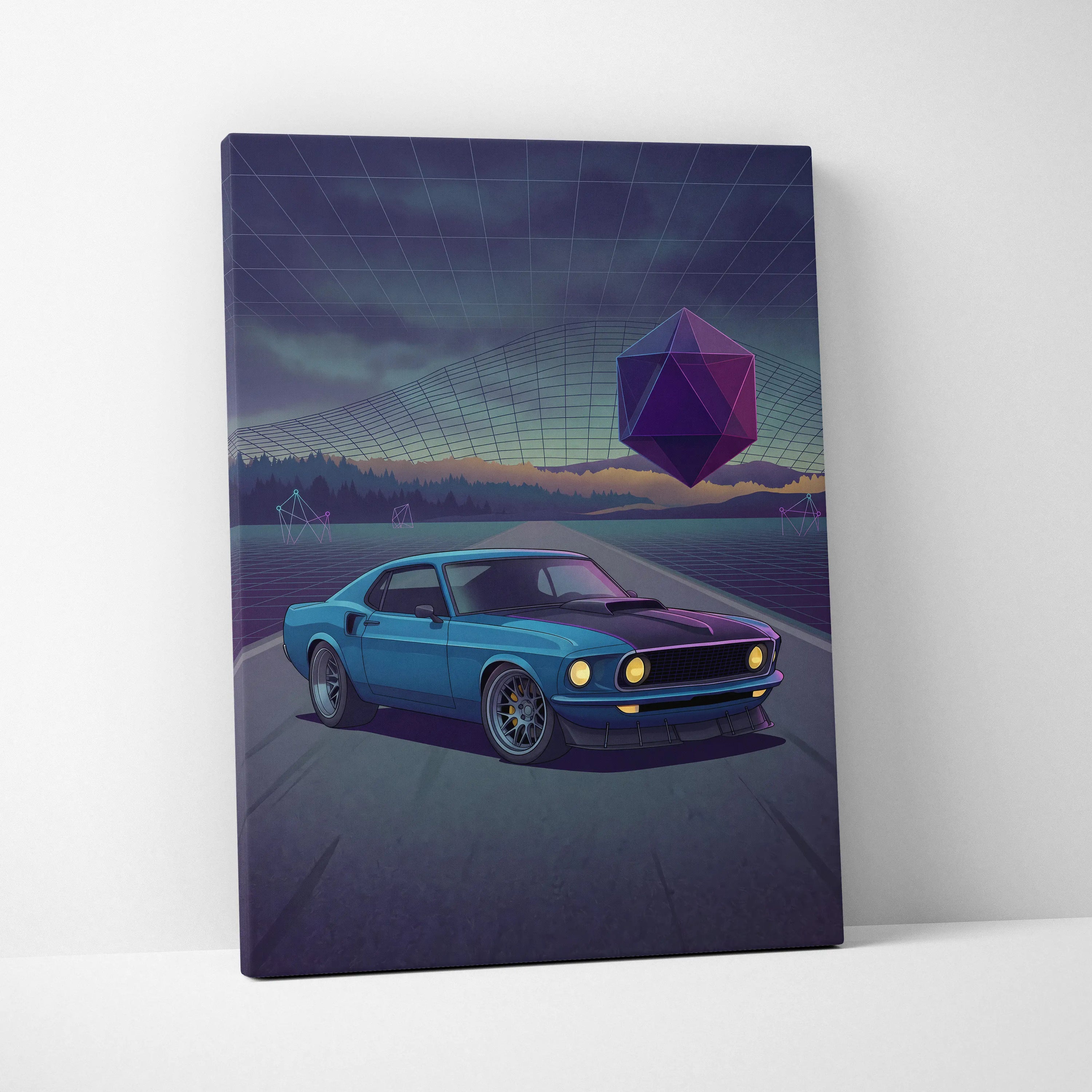 Ford Mustang Mach 1 Inspired Blue Purple Canvas Wall Art, Vaporwave Muscle Car Artwork, Neon Grid Garage Decor, Retro Futuristic Classic Print