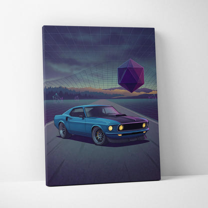 Ford Mustang Mach 1 Inspired Blue Purple Canvas Wall Art, Vaporwave Muscle Car Artwork, Neon Grid Garage Decor, Retro Futuristic Classic Print