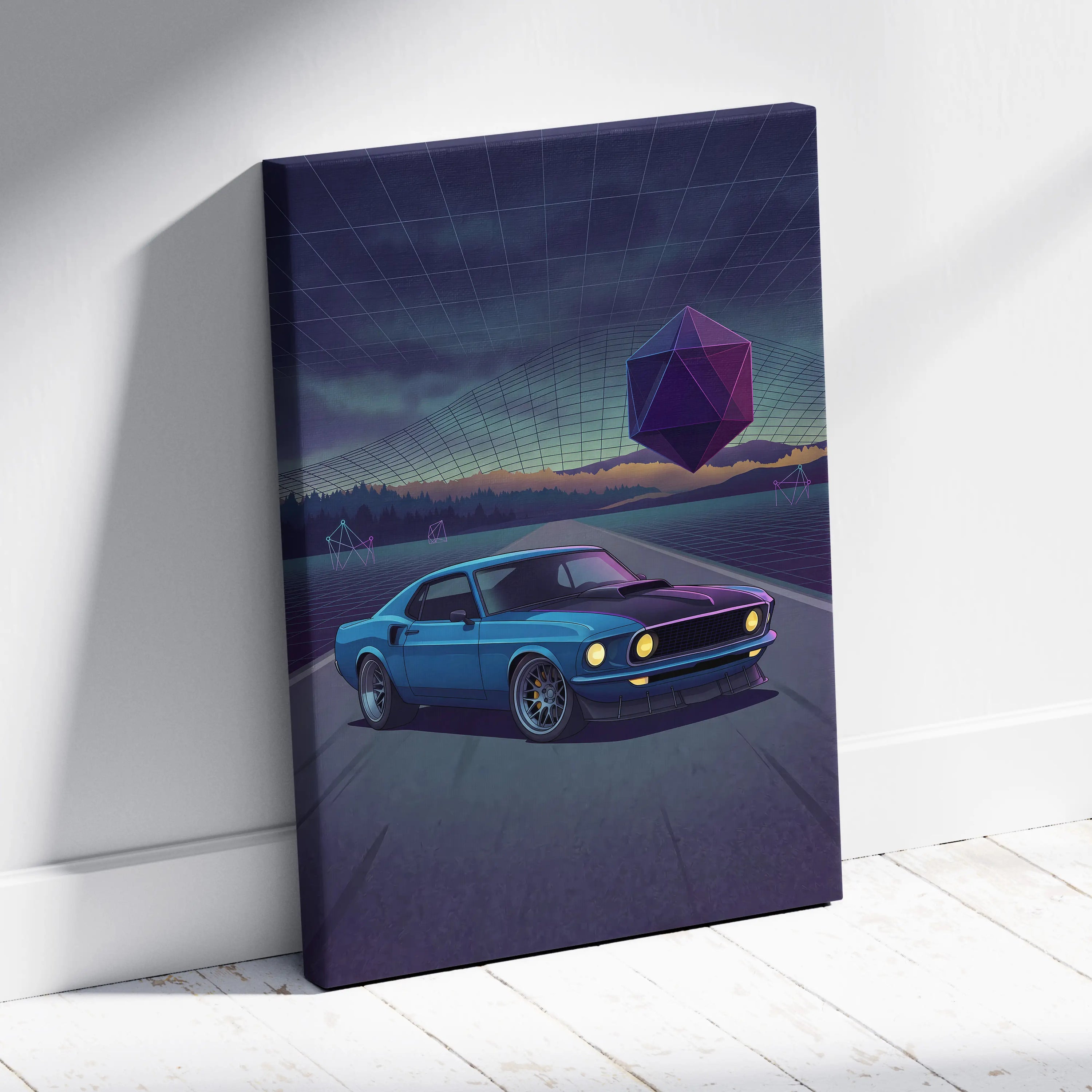 Ford Mustang Mach 1 Inspired Blue Purple Canvas Wall Art, Vaporwave Muscle Car Artwork, Neon Grid Garage Decor, Retro Futuristic Classic Print