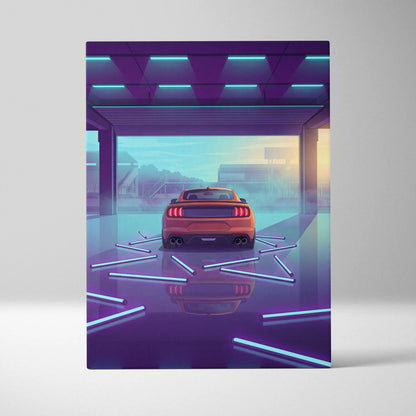 Ford Mustang Inspired Orange Purple Canvas Wall Art, Vaporwave Muscle Car Artwork, Neon Garage Decor, Retro Futuristic Auto Print