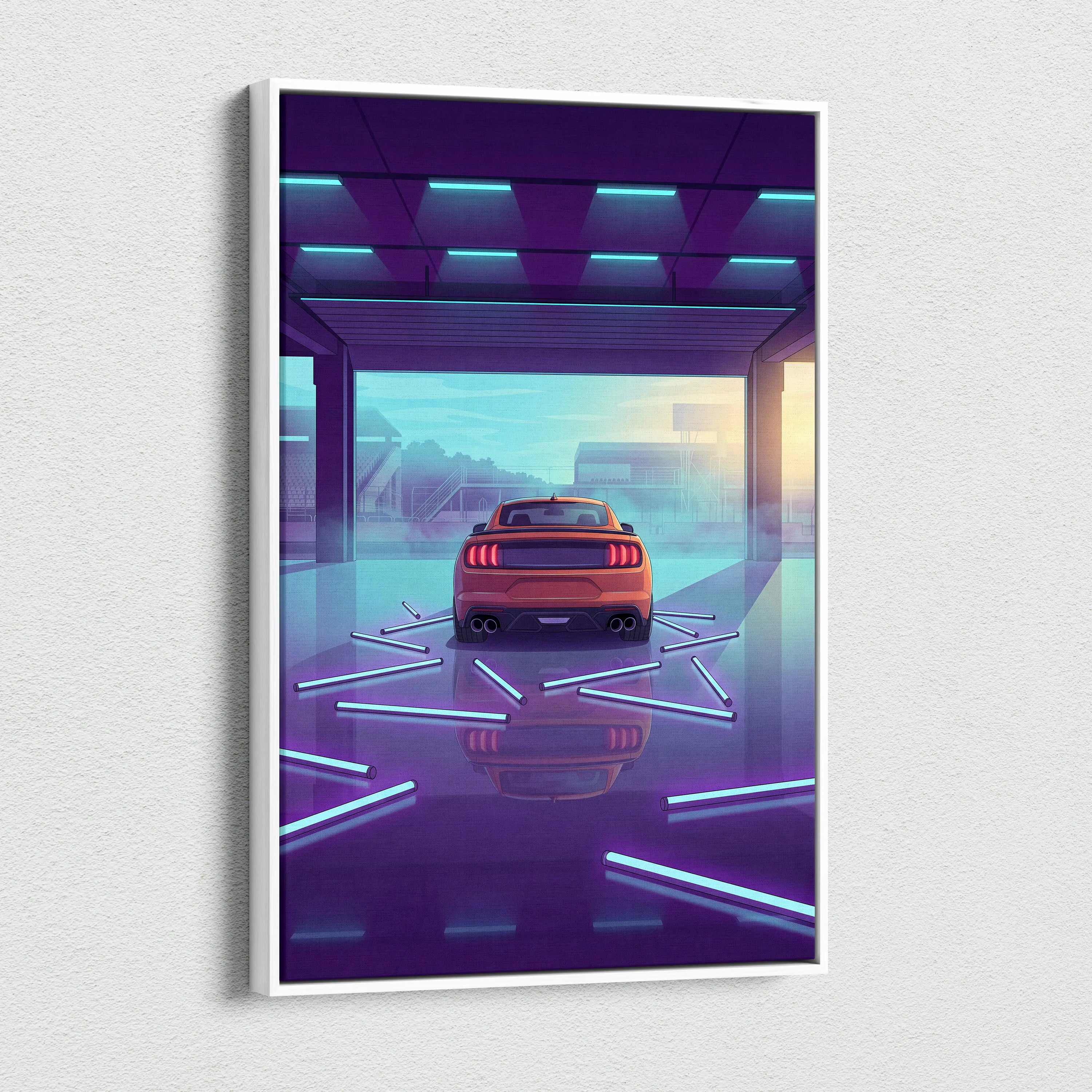Ford Mustang Inspired Orange Purple Canvas Wall Art, Vaporwave Muscle Car Artwork, Neon Garage Decor, Retro Futuristic Auto Print