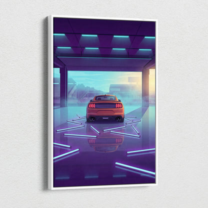 Ford Mustang Inspired Orange Purple Canvas Wall Art, Vaporwave Muscle Car Artwork, Neon Garage Decor, Retro Futuristic Auto Print