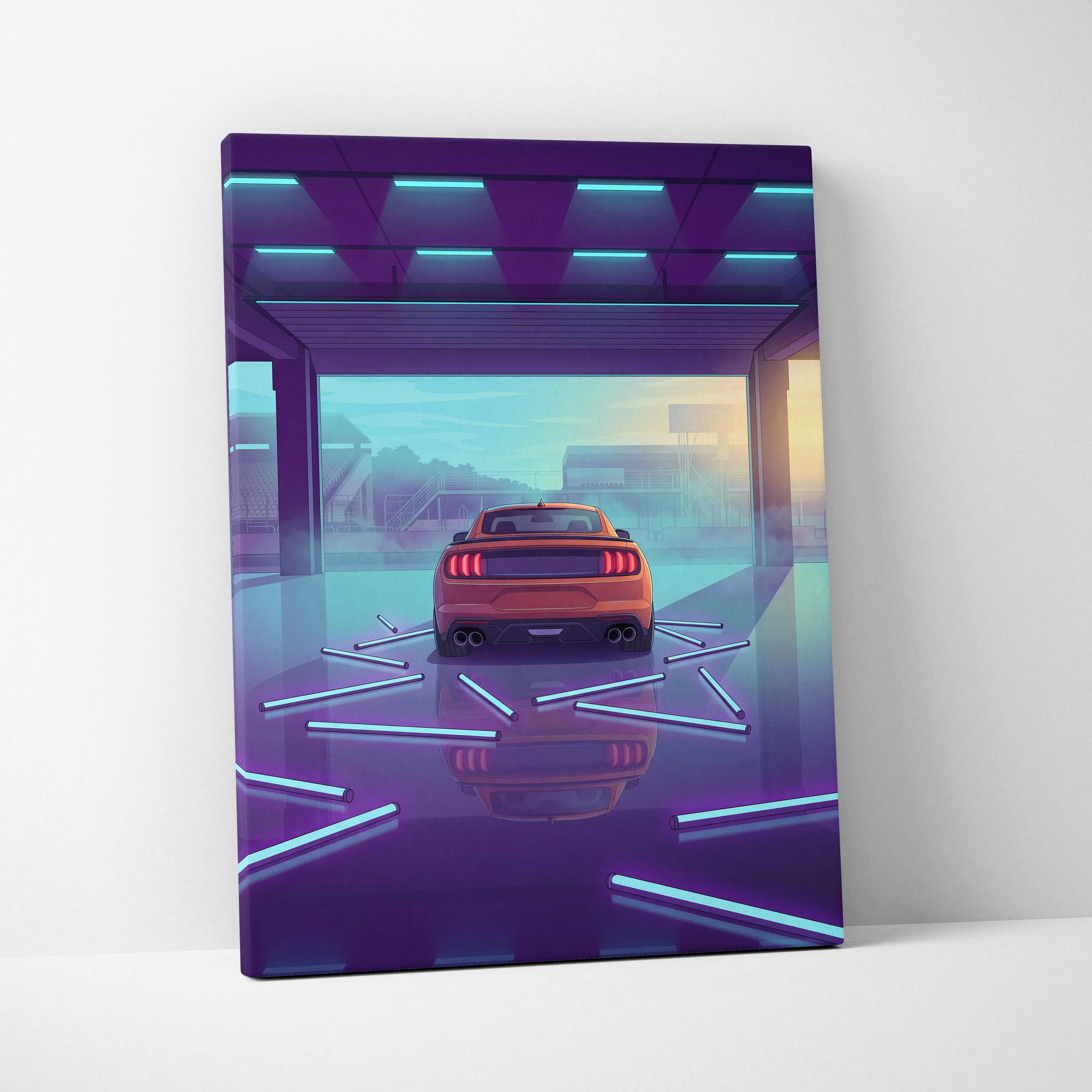 Ford Mustang Inspired Orange Purple Canvas Wall Art, Vaporwave Muscle Car Artwork, Neon Garage Decor, Retro Futuristic Auto Print