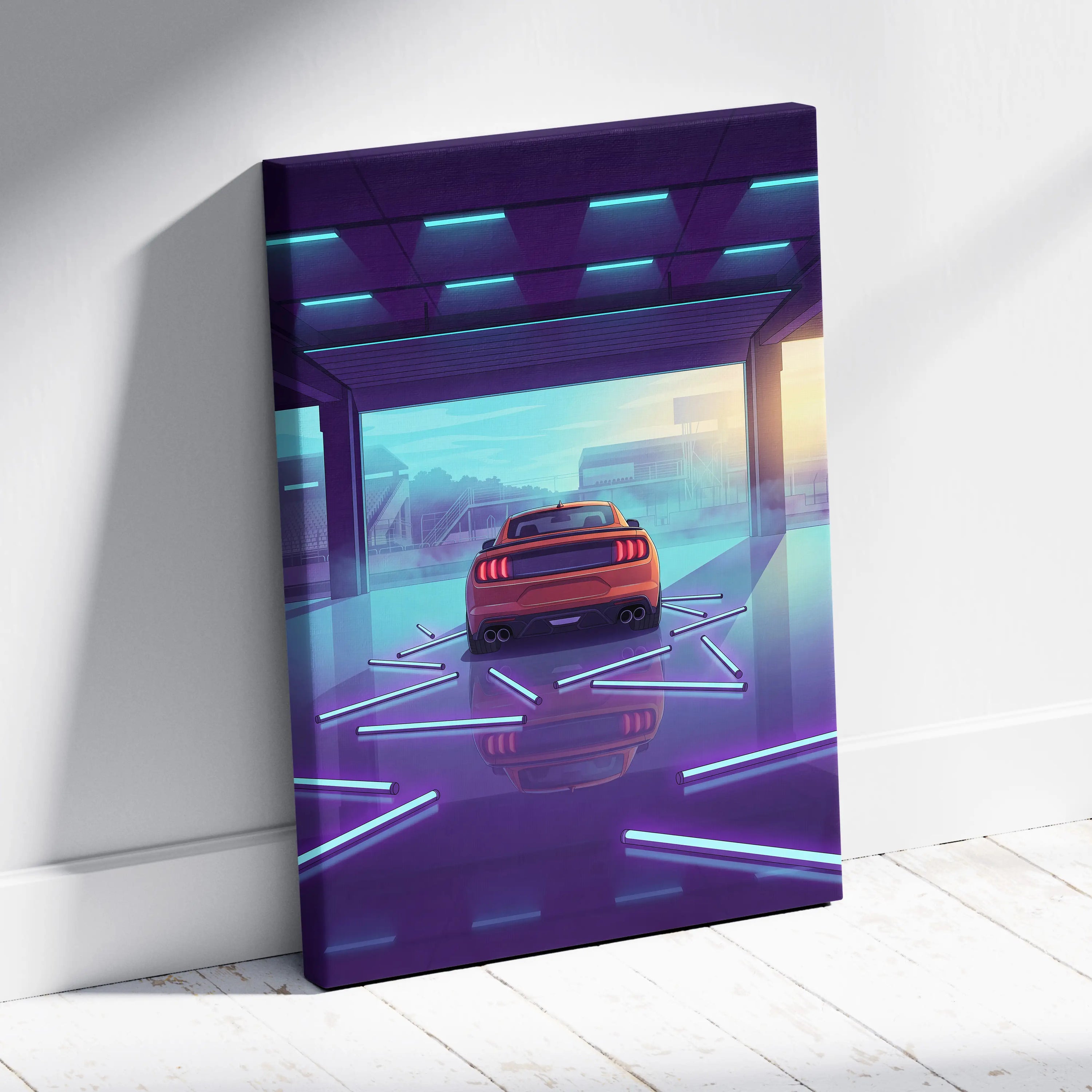 Ford Mustang Inspired Orange Purple Canvas Wall Art, Vaporwave Muscle Car Artwork, Neon Garage Decor, Retro Futuristic Auto Print