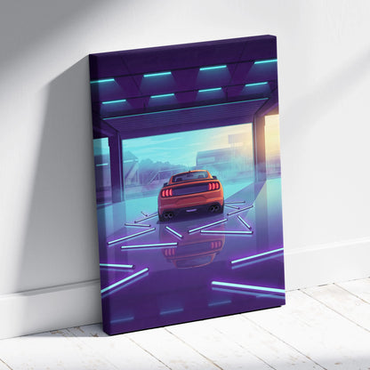 Ford Mustang Inspired Orange Purple Canvas Wall Art, Vaporwave Muscle Car Artwork, Neon Garage Decor, Retro Futuristic Auto Print