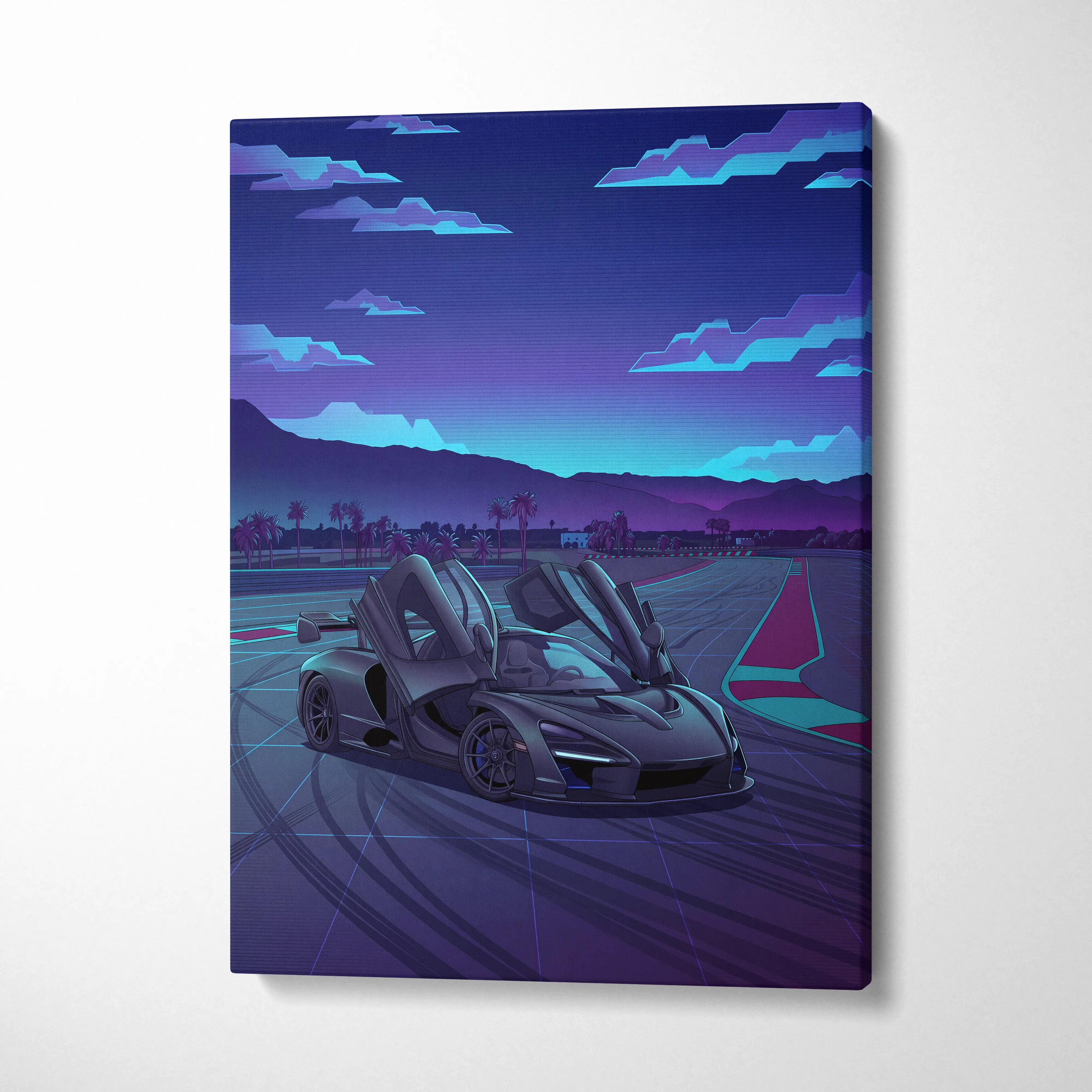 McLaren Senna Inspired Gray Purple Canvas Wall Art, Vaporwave Hypercar Artwork, Neon Track Garage Decor, Retro Futuristic Exotic Print