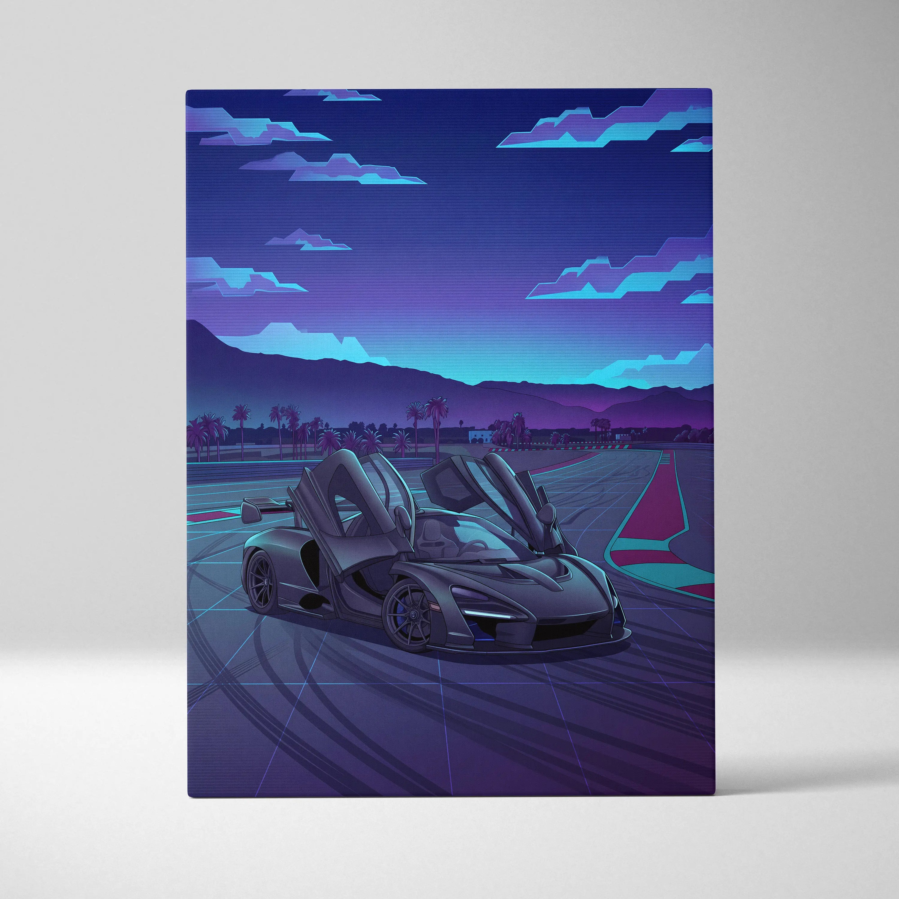 McLaren Senna Inspired Gray Purple Canvas Wall Art, Vaporwave Hypercar Artwork, Neon Track Garage Decor, Retro Futuristic Exotic Print