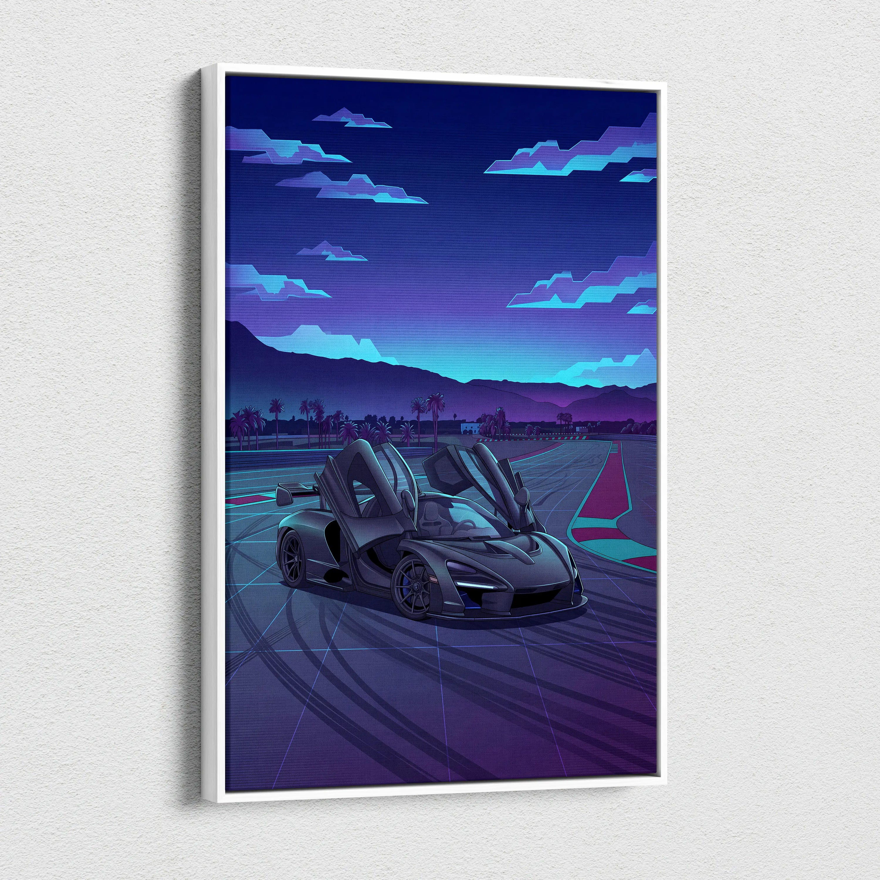 McLaren Senna Inspired Gray Purple Canvas Wall Art, Vaporwave Hypercar Artwork, Neon Track Garage Decor, Retro Futuristic Exotic Print