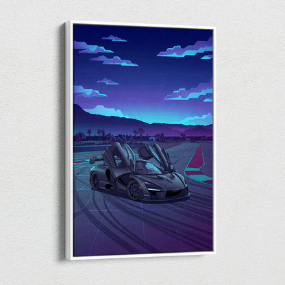 McLaren Senna Inspired Gray Purple Canvas Wall Art, Vaporwave Hypercar Artwork, Neon Track Garage Decor, Retro Futuristic Exotic Print
