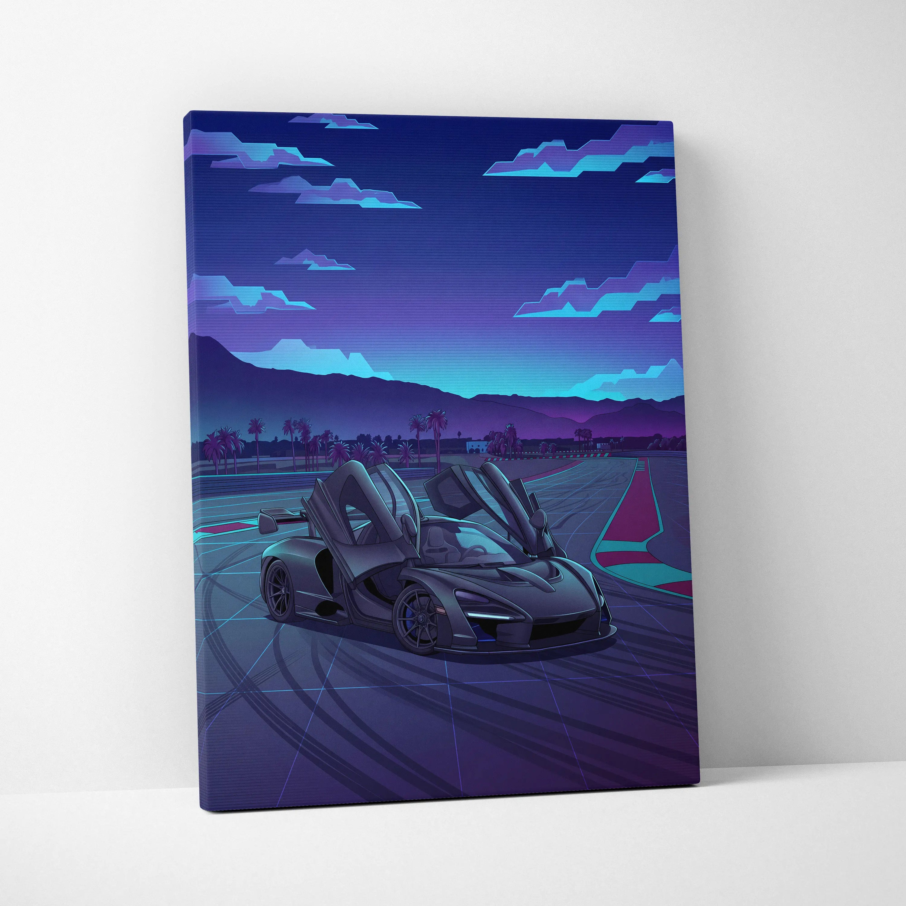 McLaren Senna Inspired Gray Purple Canvas Wall Art, Vaporwave Hypercar Artwork, Neon Track Garage Decor, Retro Futuristic Exotic Print