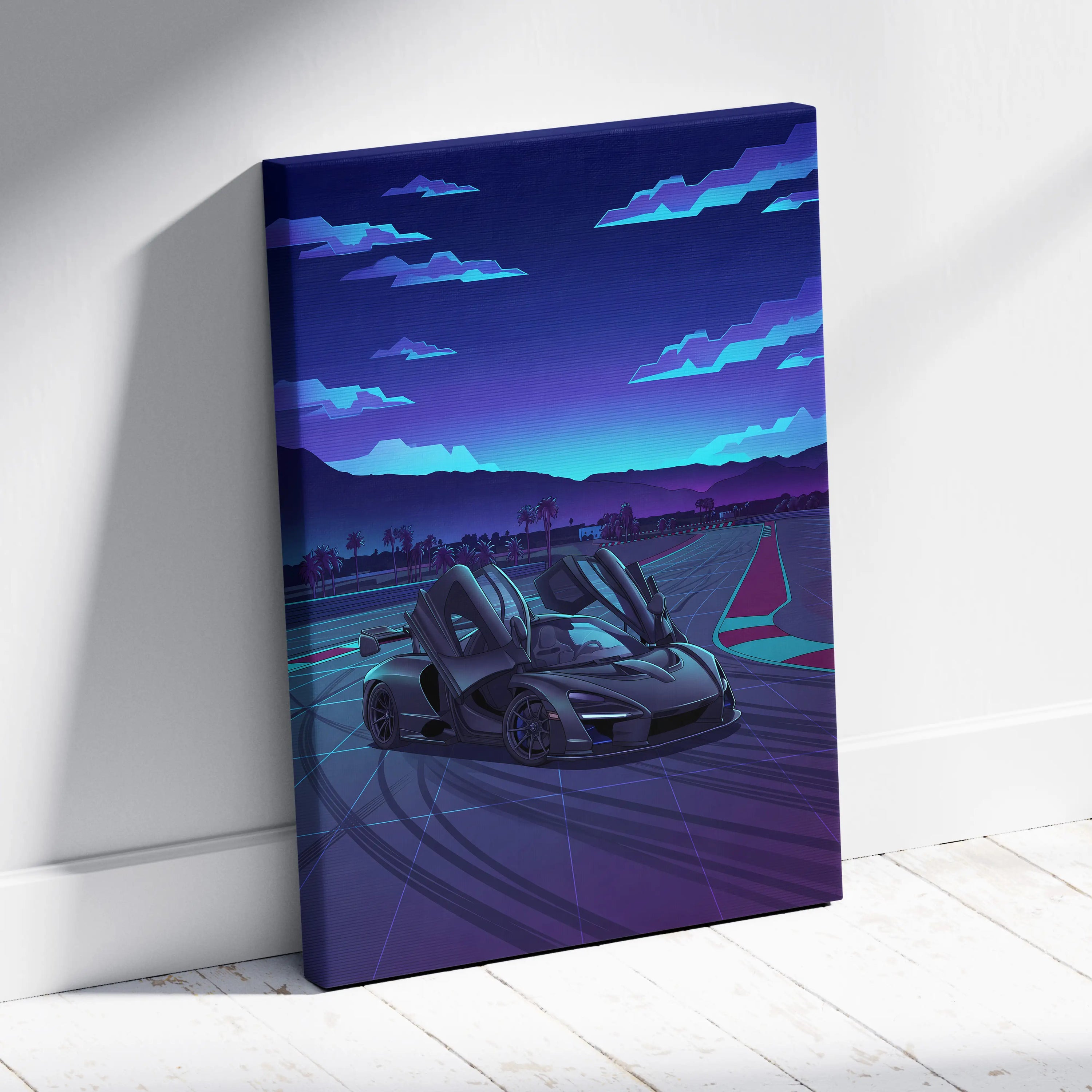 McLaren Senna Inspired Gray Purple Canvas Wall Art, Vaporwave Hypercar Artwork, Neon Track Garage Decor, Retro Futuristic Exotic Print