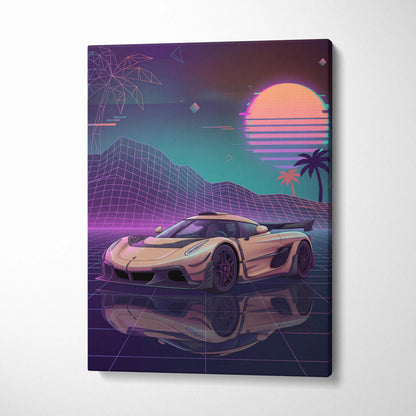 Koenigsegg Jesko Inspired Gold Purple Canvas Wall Art, Vaporwave Hypercar Artwork, Neon Grid Garage Decor, Retro Futuristic Exotic Print