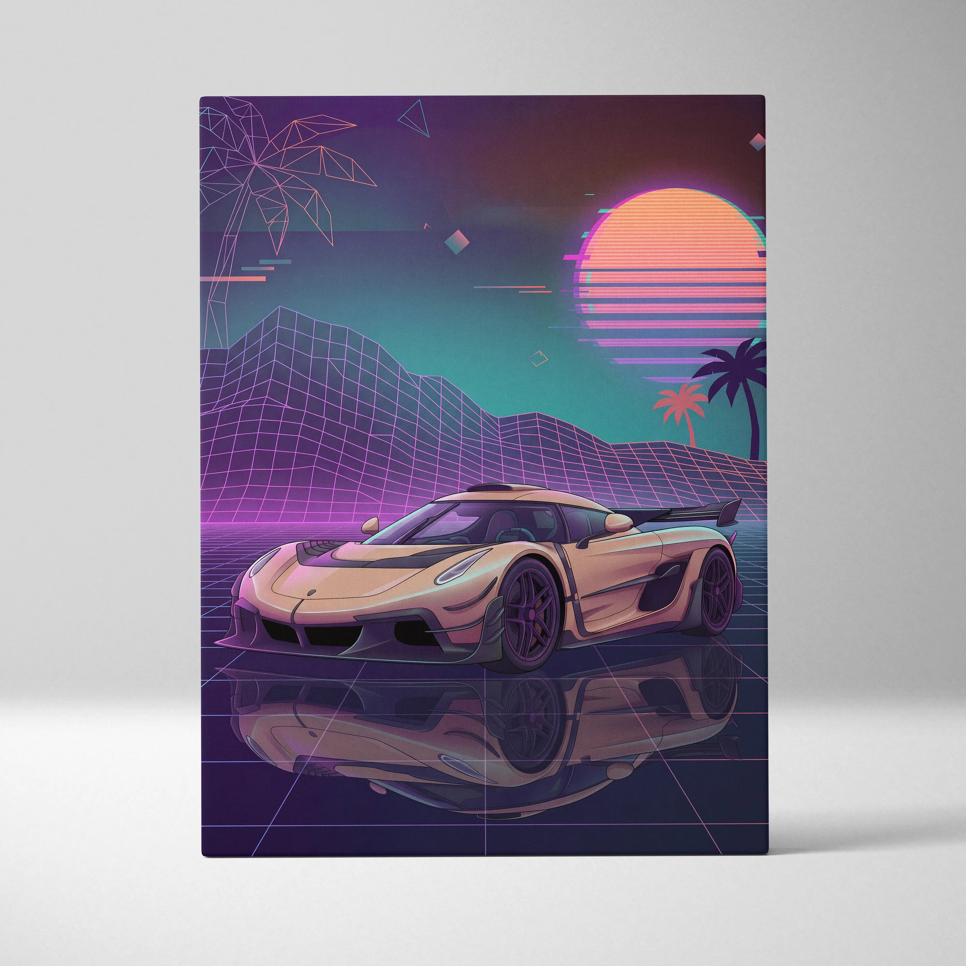 Koenigsegg Jesko Inspired Gold Purple Canvas Wall Art, Vaporwave Hypercar Artwork, Neon Grid Garage Decor, Retro Futuristic Exotic Print
