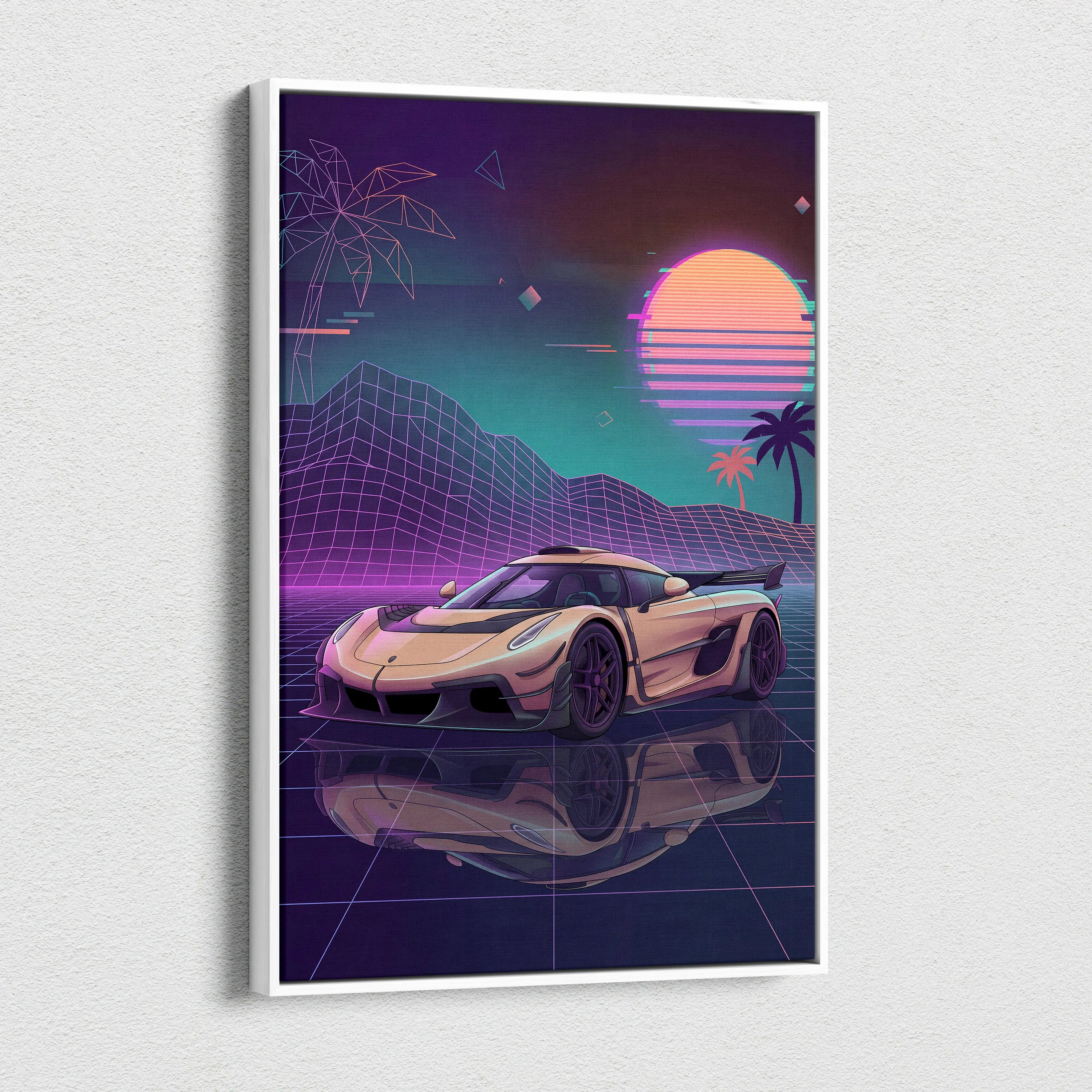 Koenigsegg Jesko Inspired Gold Purple Canvas Wall Art, Vaporwave Hypercar Artwork, Neon Grid Garage Decor, Retro Futuristic Exotic Print