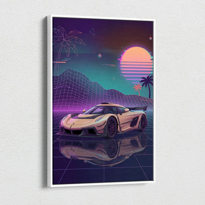 Koenigsegg Jesko Inspired Gold Purple Canvas Wall Art, Vaporwave Hypercar Artwork, Neon Grid Garage Decor, Retro Futuristic Exotic Print