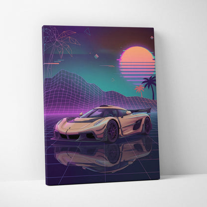 Koenigsegg Jesko Inspired Gold Purple Canvas Wall Art, Vaporwave Hypercar Artwork, Neon Grid Garage Decor, Retro Futuristic Exotic Print