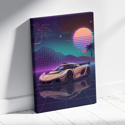 Koenigsegg Jesko Inspired Gold Purple Canvas Wall Art, Vaporwave Hypercar Artwork, Neon Grid Garage Decor, Retro Futuristic Exotic Print