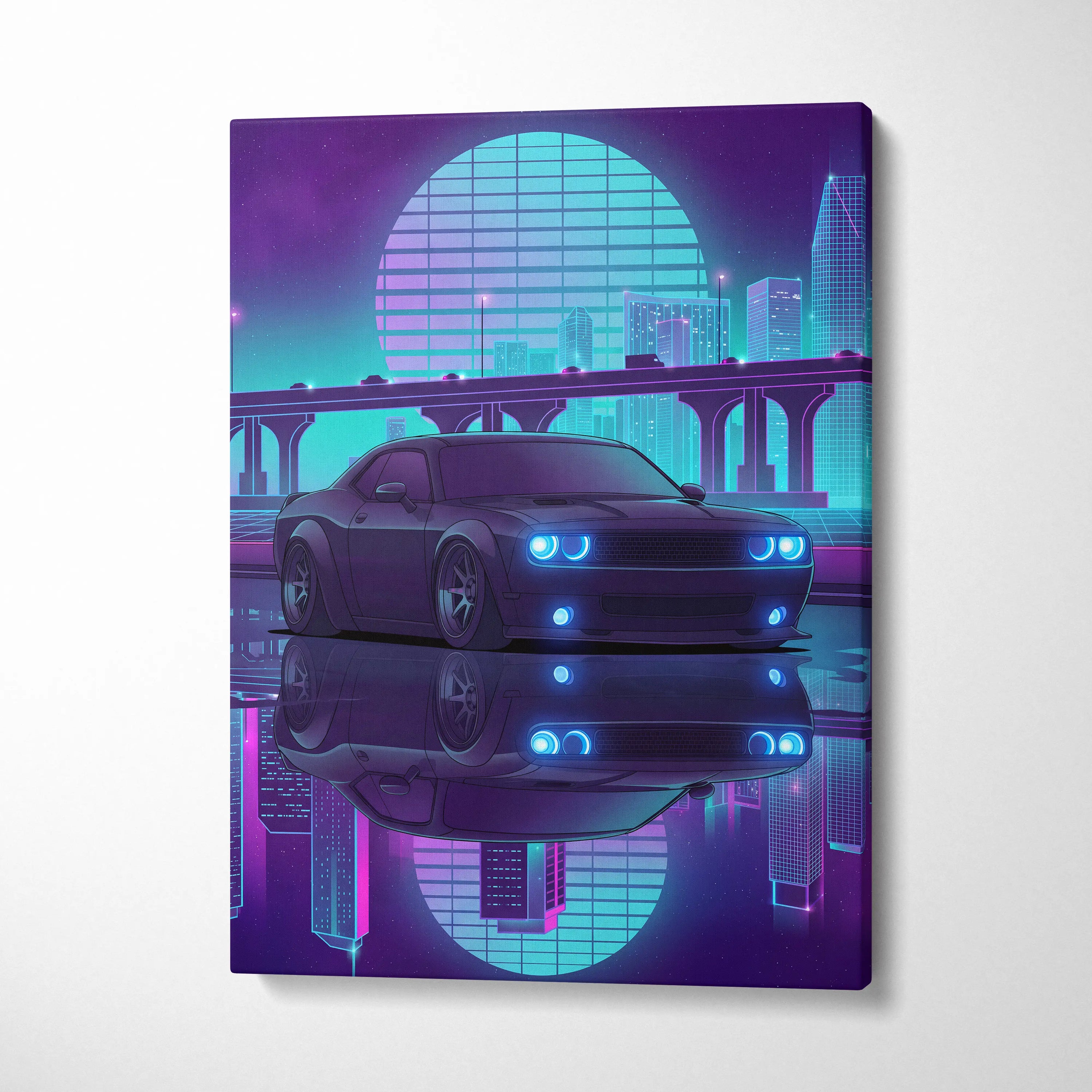 Dodge Challenger Inspired Gray Teal Canvas Wall Art, Vaporwave Muscle Car Artwork, Neon City Garage Decor, Retro Futuristic Auto Print
