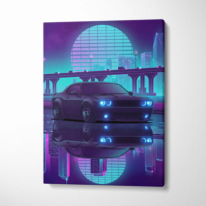 Dodge Challenger Inspired Gray Teal Canvas Wall Art, Vaporwave Muscle Car Artwork, Neon City Garage Decor, Retro Futuristic Auto Print