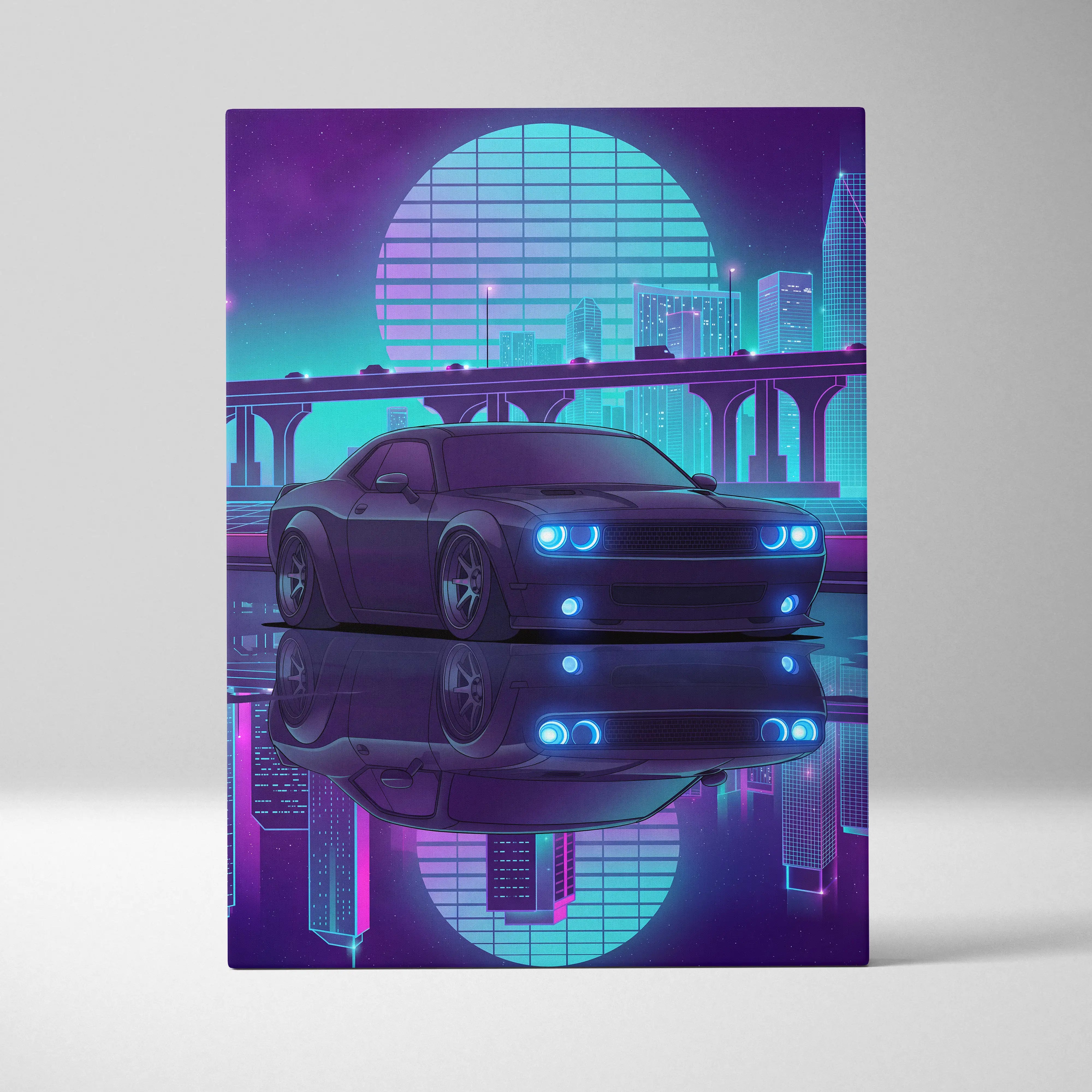 Dodge Challenger Inspired Gray Teal Canvas Wall Art, Vaporwave Muscle Car Artwork, Neon City Garage Decor, Retro Futuristic Auto Print