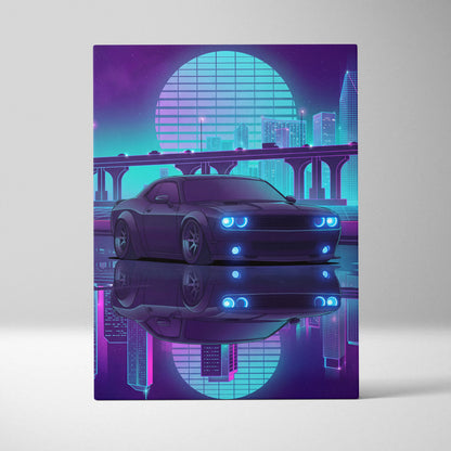 Dodge Challenger Inspired Gray Teal Canvas Wall Art, Vaporwave Muscle Car Artwork, Neon City Garage Decor, Retro Futuristic Auto Print